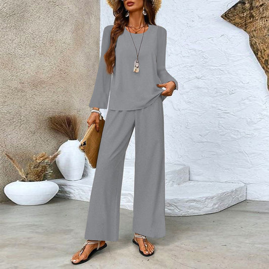 Stylish Grey Plain Round Neck Long Sleeve Two Piece Set