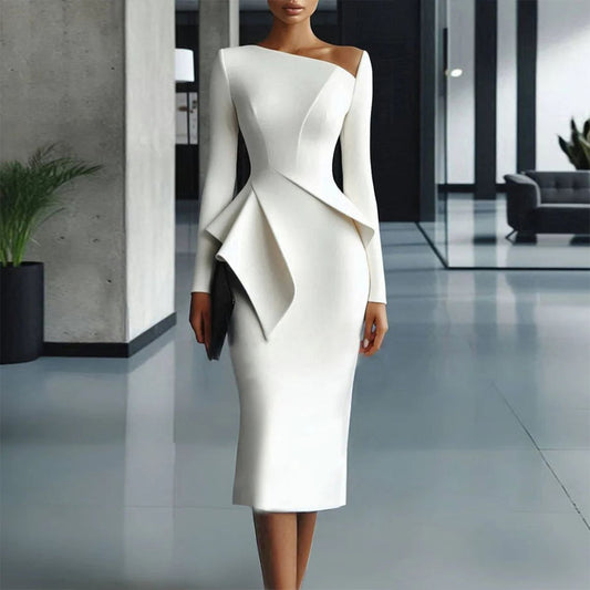 Classy Long Sleeve Plain Midi Dress