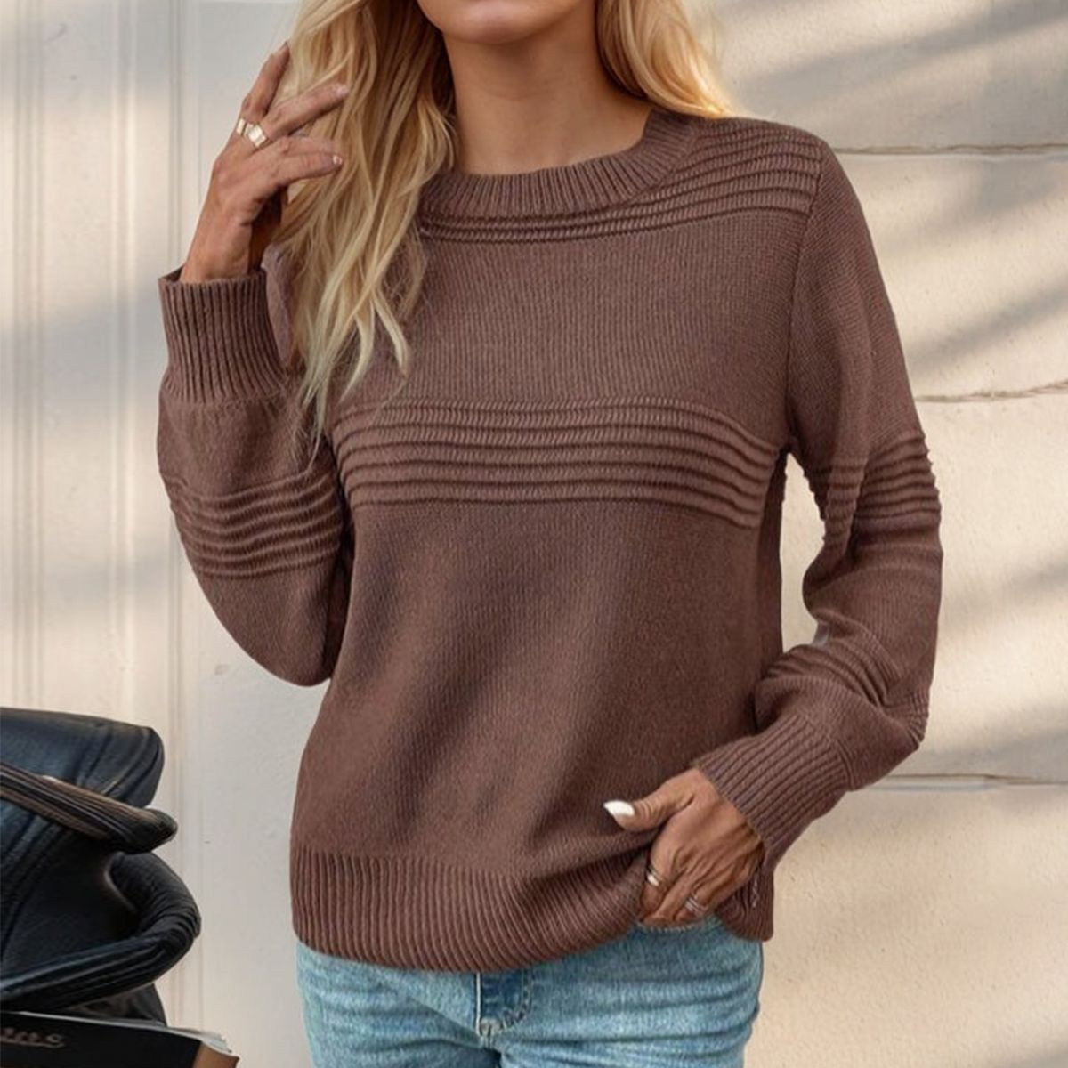 Coffee Plain Round Neck Sweater