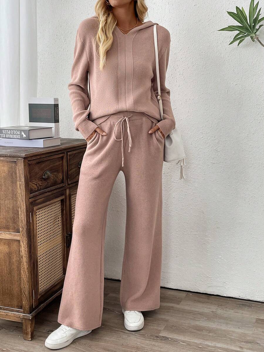 Pink Plain Hoodie Two Piece Set