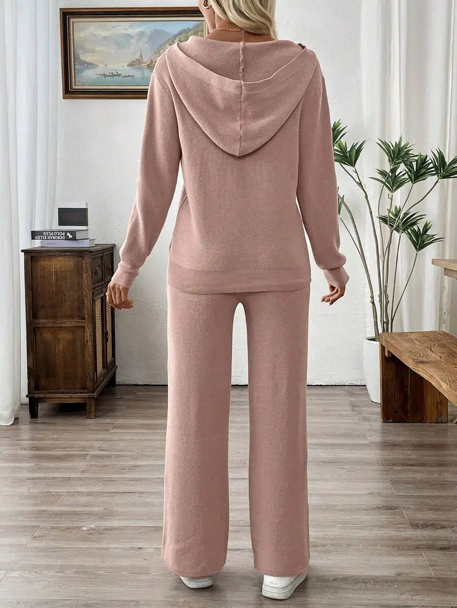 Pink Plain Hoodie Two Piece Set