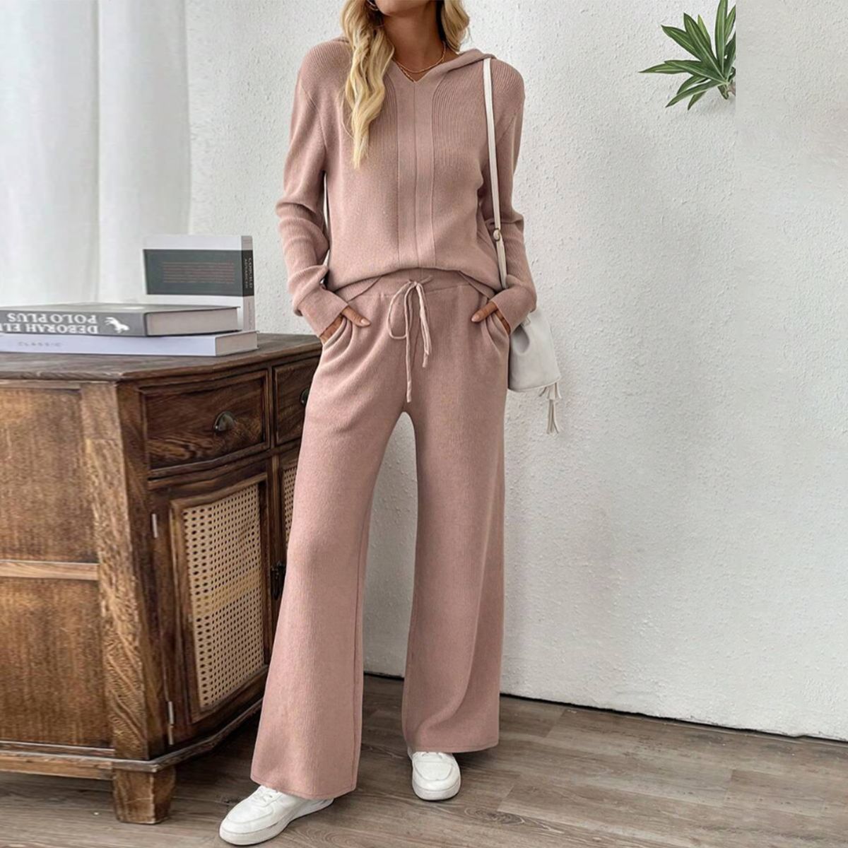 Pink Plain Hoodie Two Piece Set