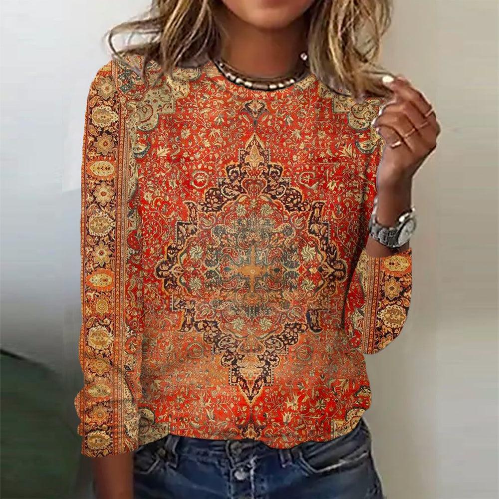 Yellow Orange Vintage Print Long Sleeve Top