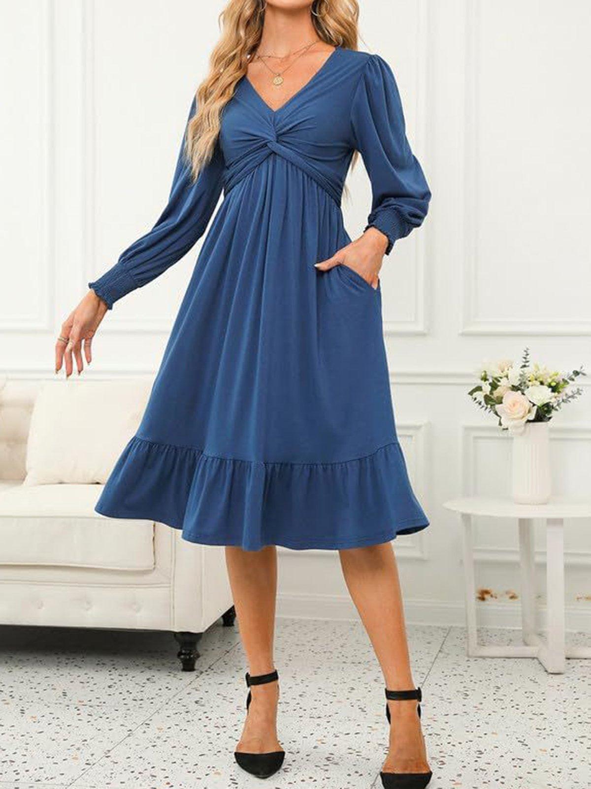 Blue Long Sleeve Plain Mini Dress