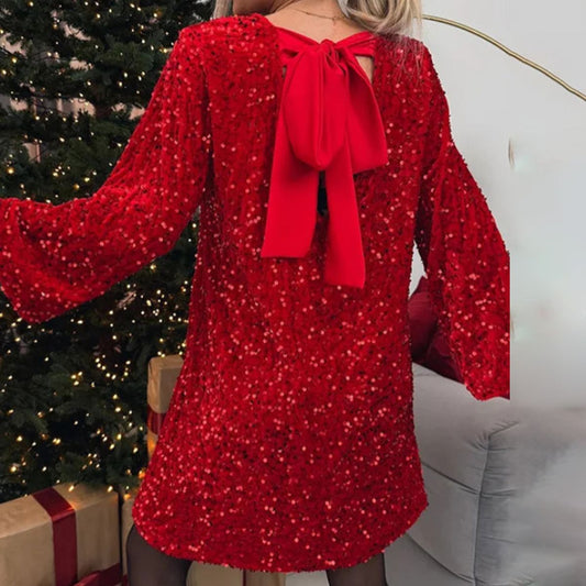 Gorgeous Red Round Neck Long Sleeve Mini Dress