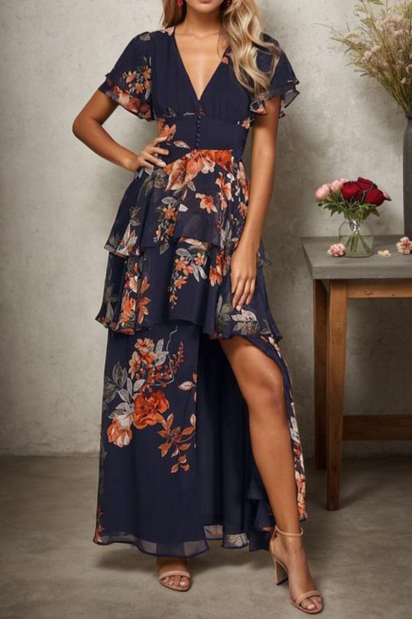 Blue Short Sleeve V-Neck Maxi Dress