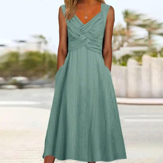 Green Plain Side Pocket Midi Dress