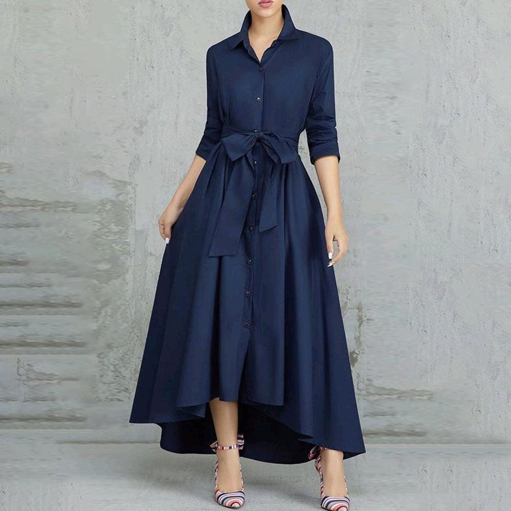 Navy Plain V-Neck Maxi Dress