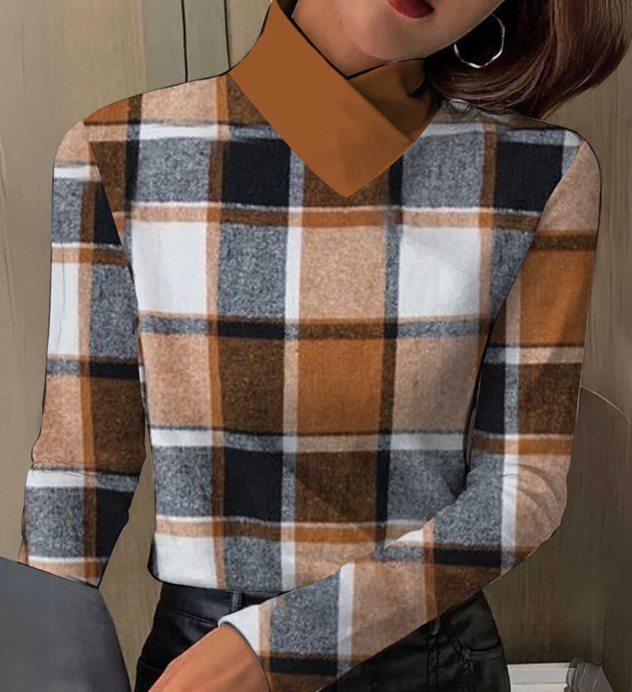 Groovy Plaid Print Mock Neck Top