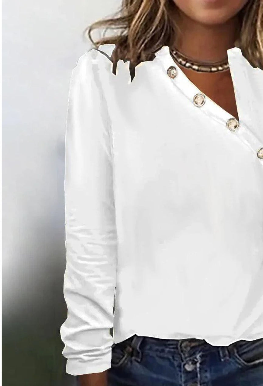 White Asymmetrical Button Front Long Sleeve Top