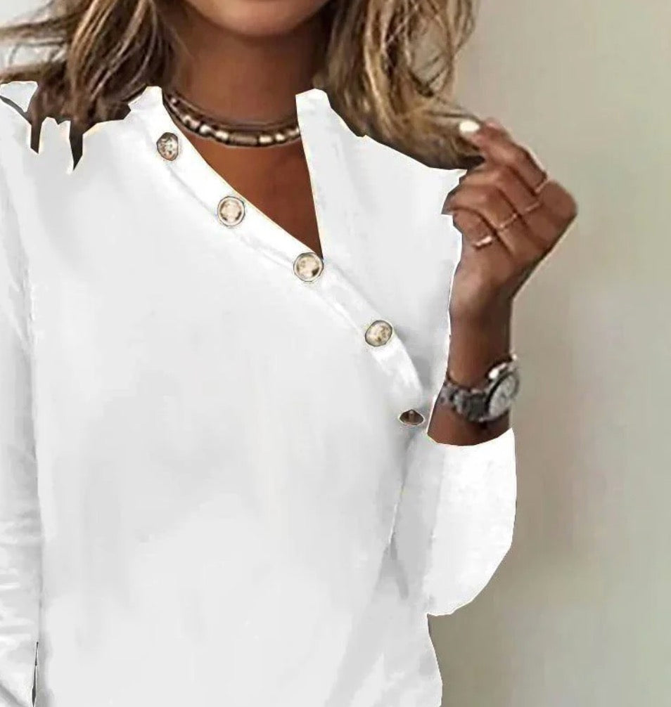 White Asymmetrical Button Front Long Sleeve Top