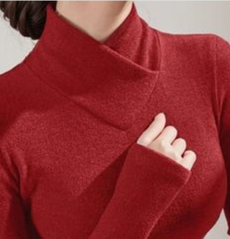 Red Plain Mock Neck Long Sleeve Top