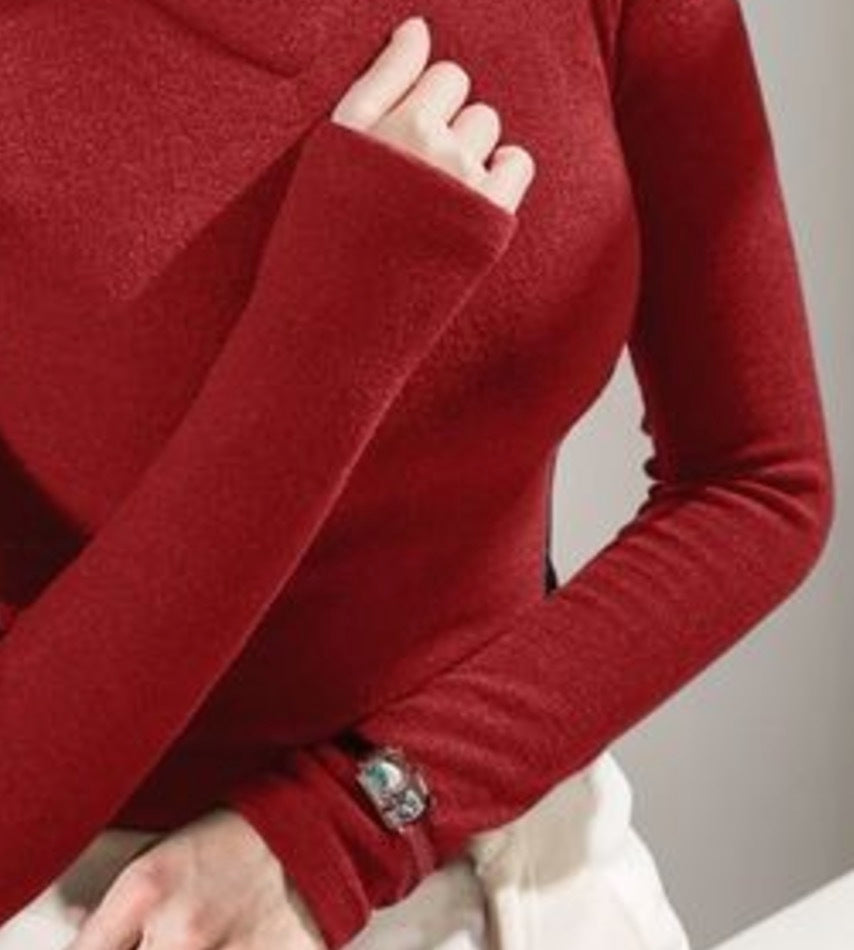 Red Plain Mock Neck Long Sleeve Top