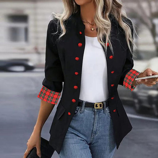 Modern Collarless Plaid Print Long Sleeve Outerwear