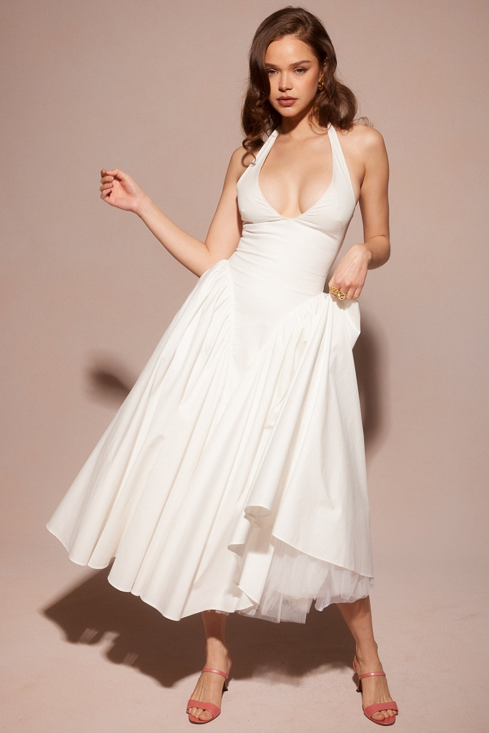 White – Elegant Halter V-Neck Flowy Dress
