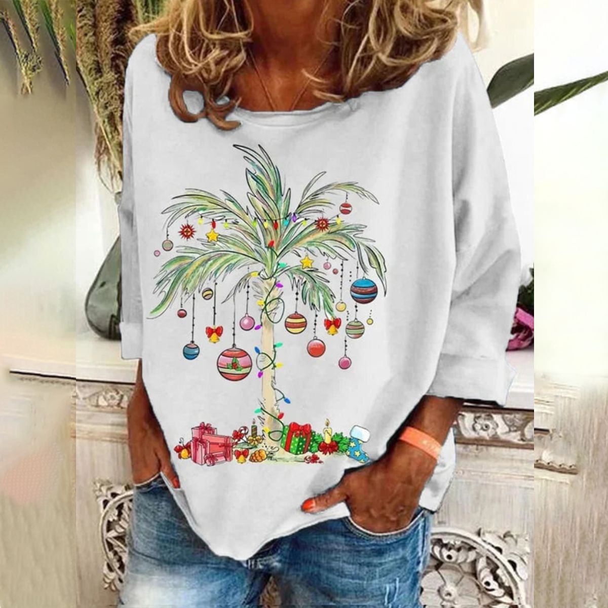 Distinctive Round Neck Plant Print Top