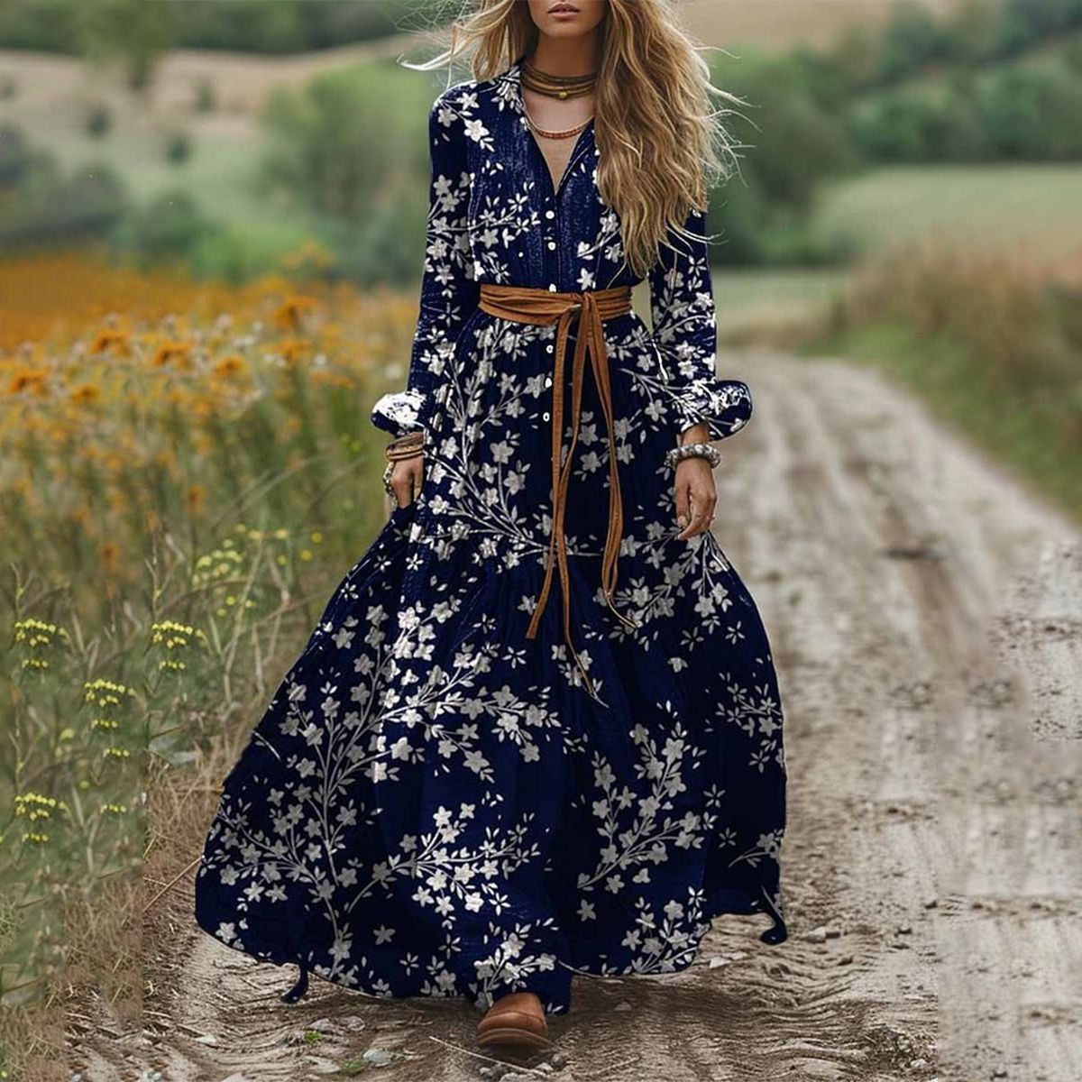 Trendy Plant Print V-Neck Maxi Dress