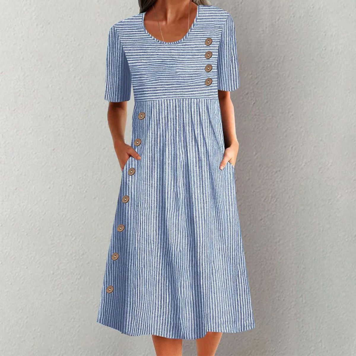 Blue Striped Short Sleeve Midi Dress