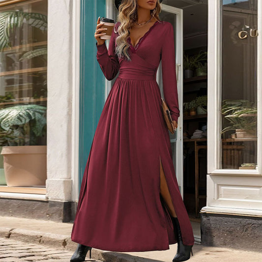 Romantic Red Plain V-Neck Maxi Dress