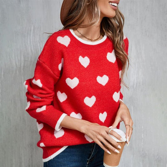 Elegant Red Round Neck Long Sleeve Sweater