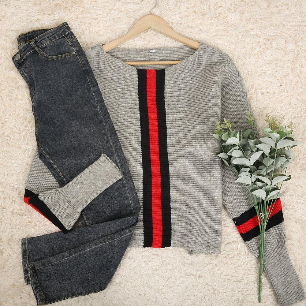 Boston Red Striped Gray Dolman Sweater