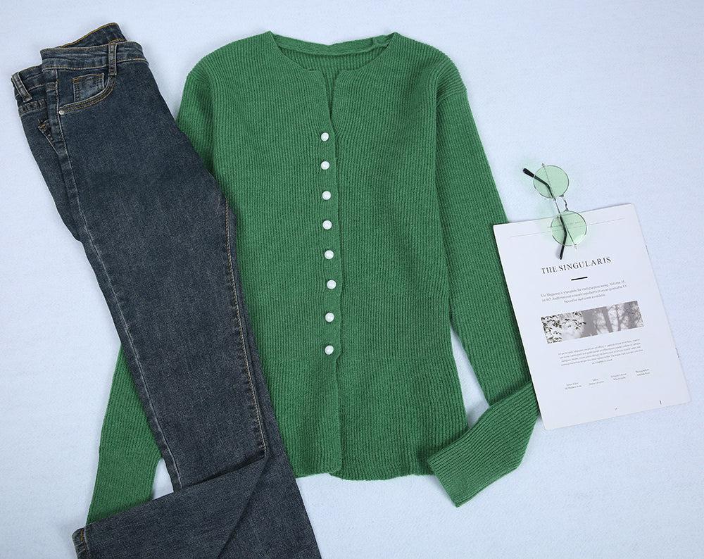 Emerald Green Button Front Peplum Outerwear Sweater