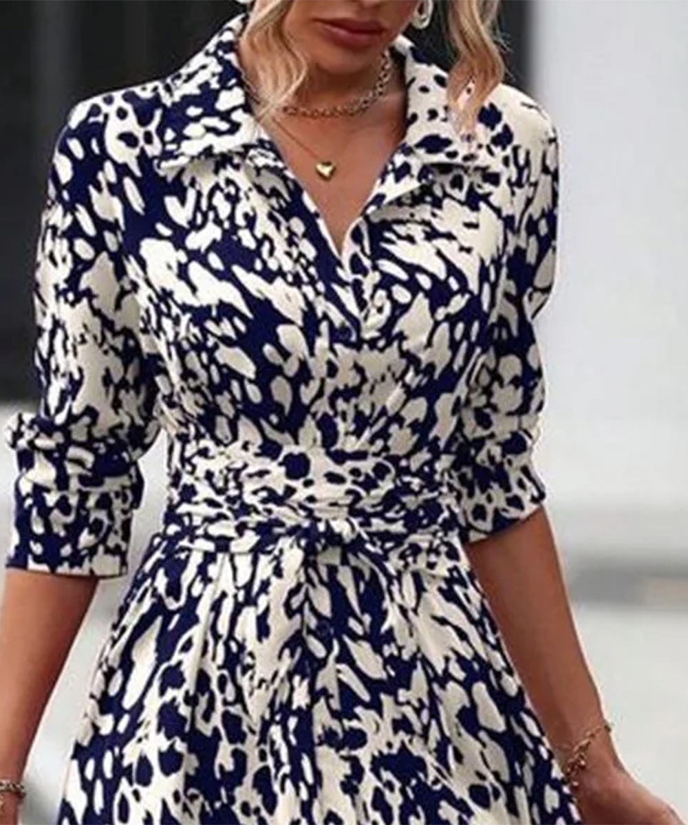 Navy Collared Long Sleeve Midi Dress