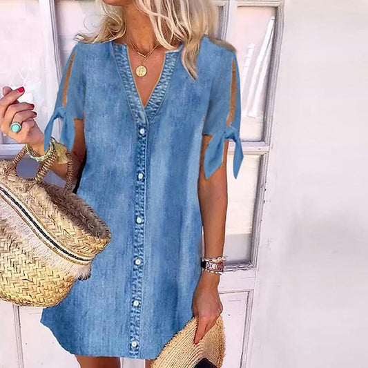 Chambray V-Neck Button Front Split Sleeve Mini Dress