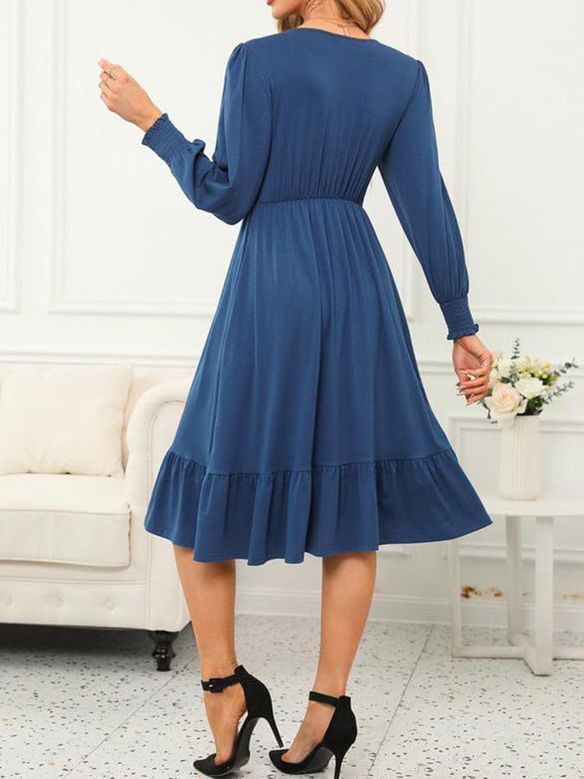 Blue Long Sleeve Plain Mini Dress