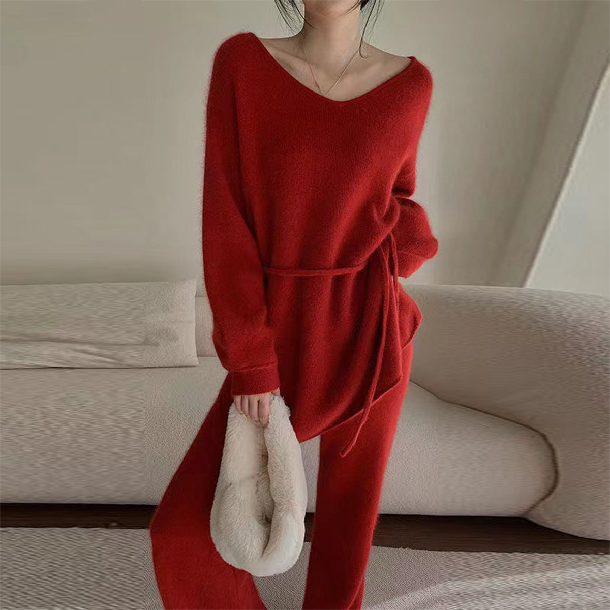 Red Long Sleeve Plain Two Piece Set