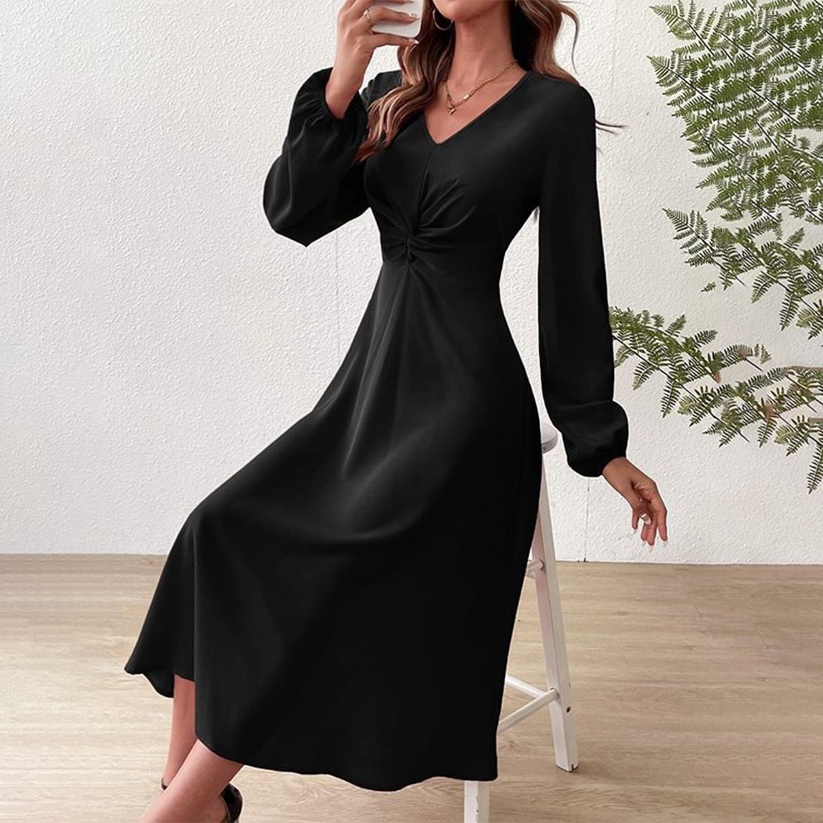 Black Plain Long Sleeve Midi Dress