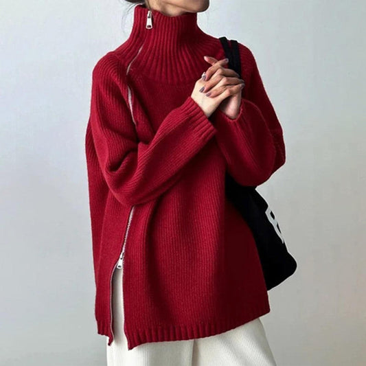 Red Plain High Neck Sweater