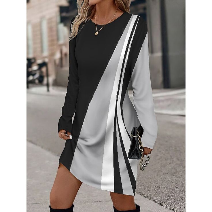 Classy Color Block Long Sleeve Mini Dress