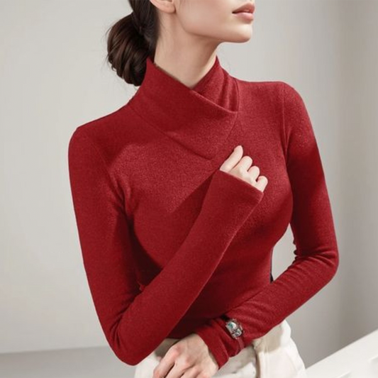 Red Plain Mock Neck Long Sleeve Top