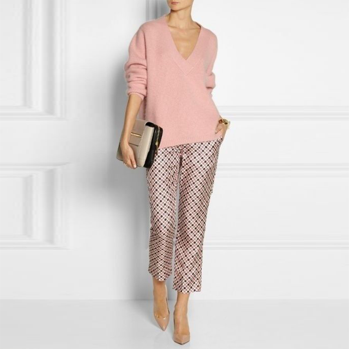 Pink Side Pocket V-Neck Two Piece Set