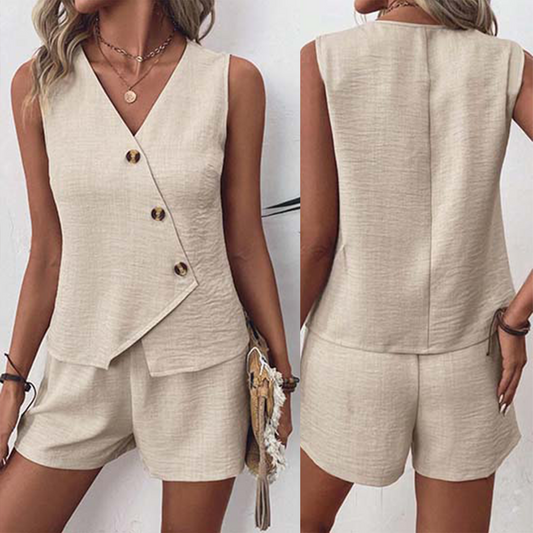 Khaki Plain Sleeveless Two Piece Set