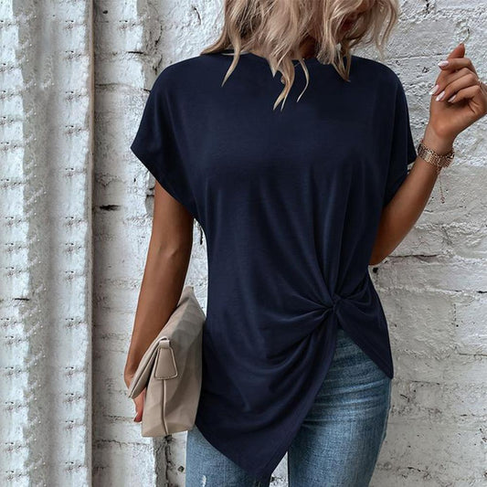 Navy Short Sleeve Front Knot Long Shirt