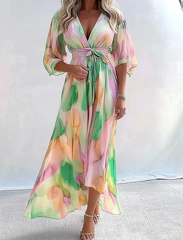 Unique V-Neck Printed Maxi Dress