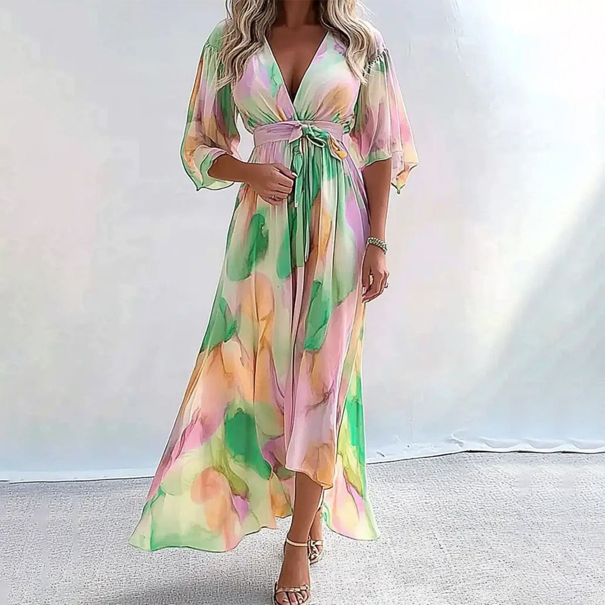 Unique V-Neck Printed Maxi Dress