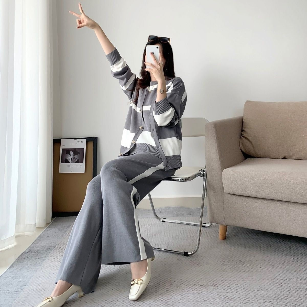 Gray – Sporty Striped Loose Three Piece Set