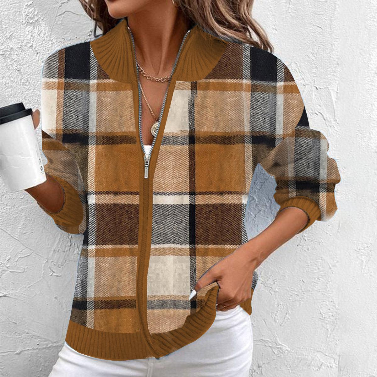 Brown V-Neck Long Sleeve Plaid Print Cardigan