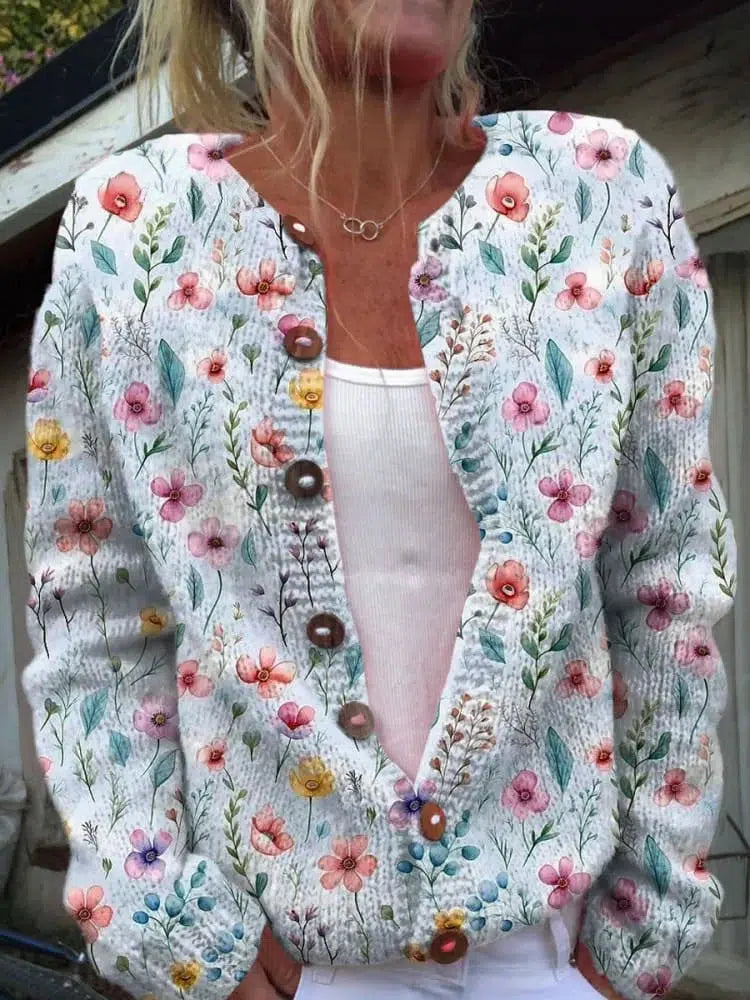 Chic Floral Print Collarless Long Sleeve Cardigan