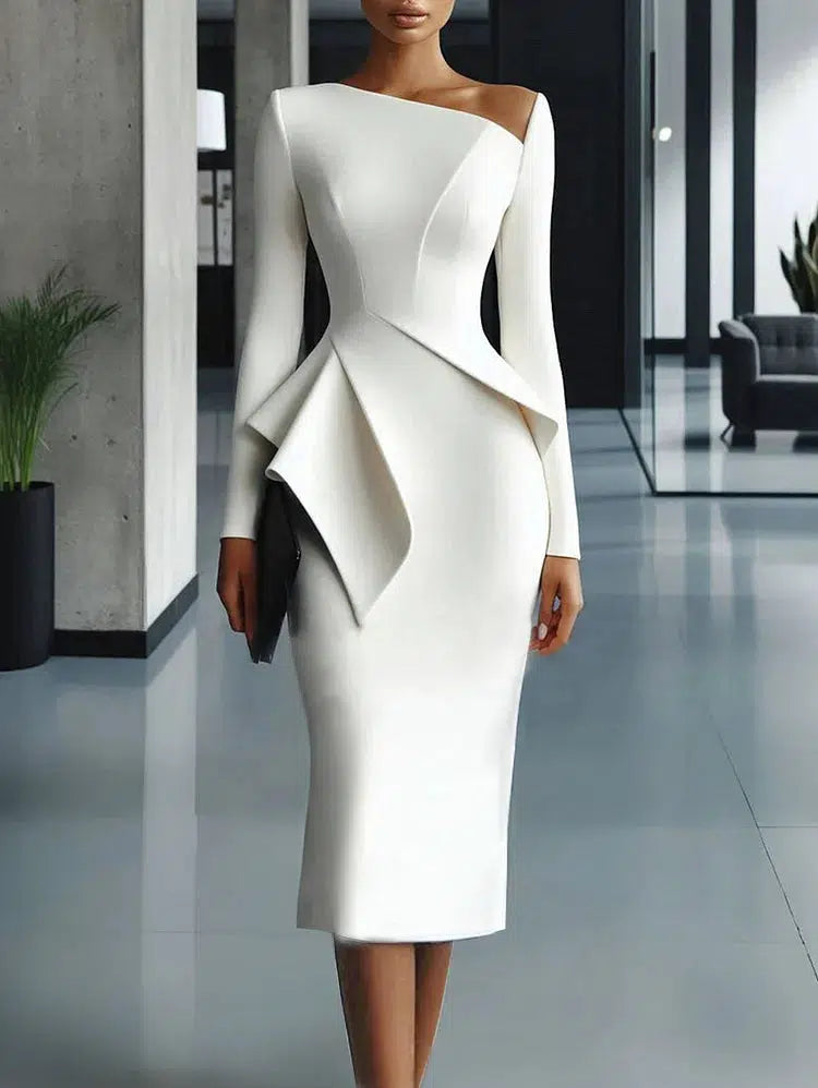 Classy Long Sleeve Plain Midi Dress