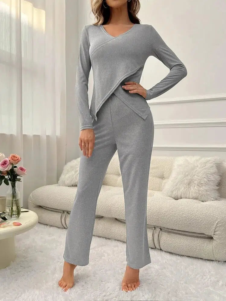 Grey Plain V-Neck Long Sleeve Two Piece Set