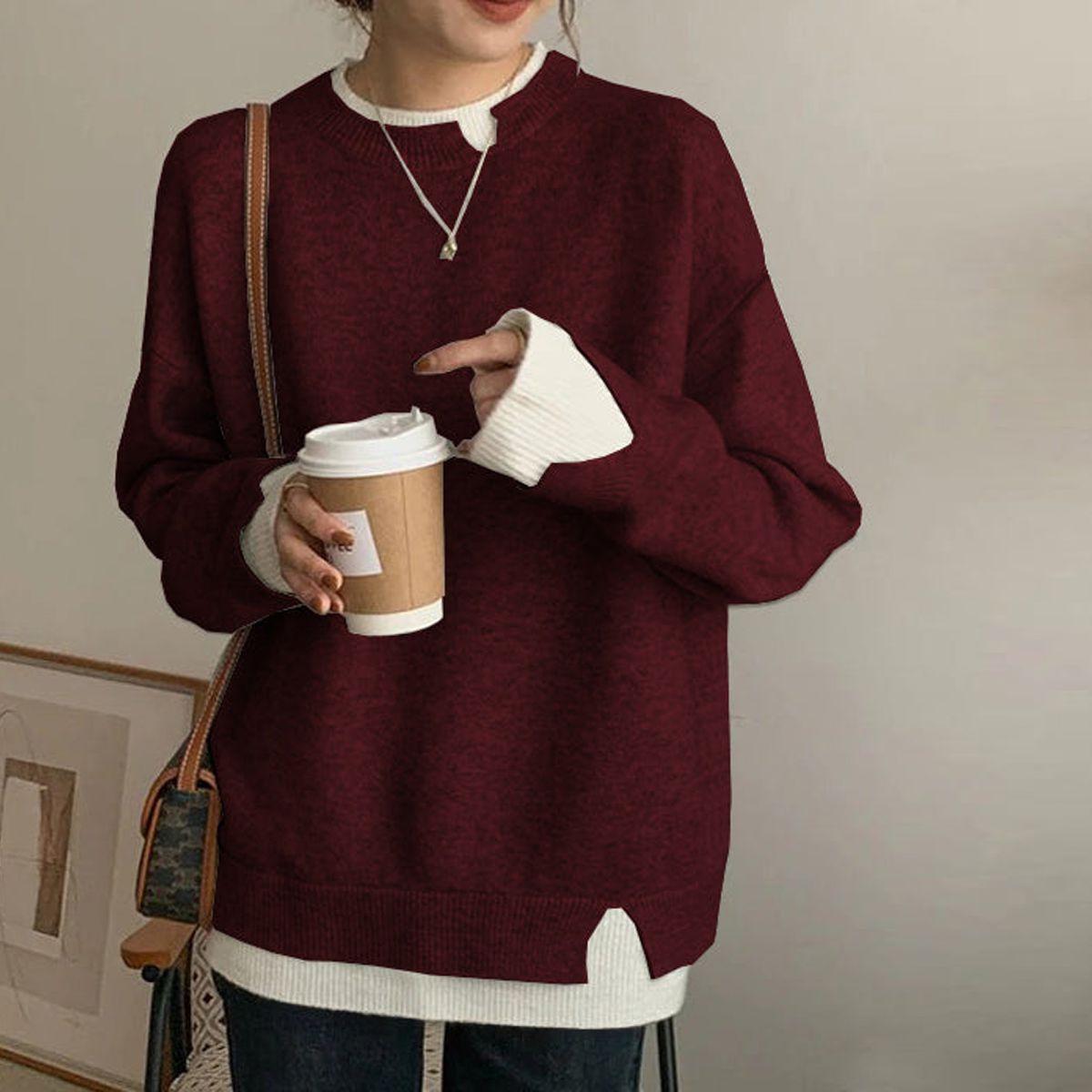 Showy Dark Red Round Neck Sweater