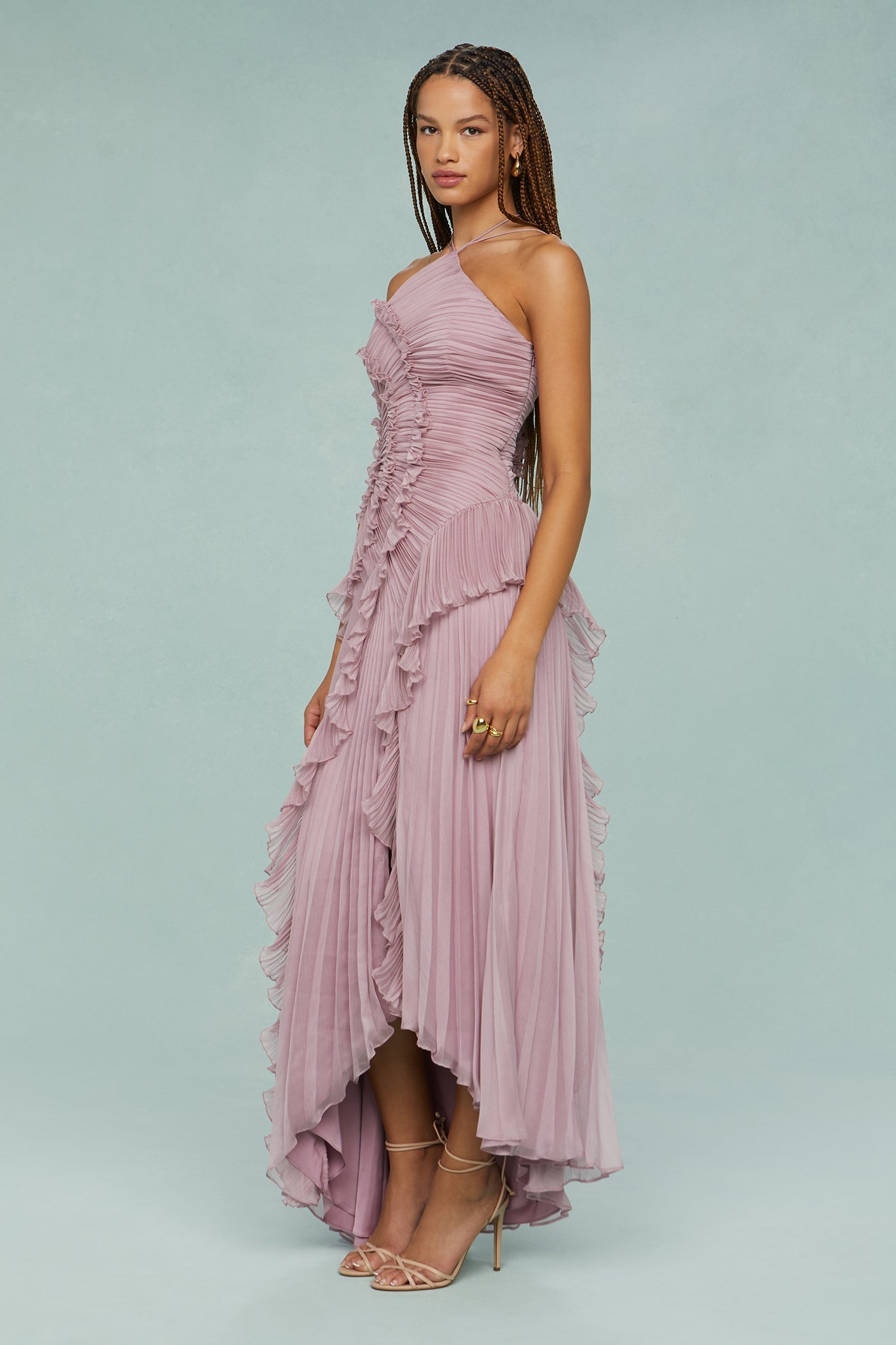 Lotus Pink – Flowy Backless Halter Dress with Pointed Collar