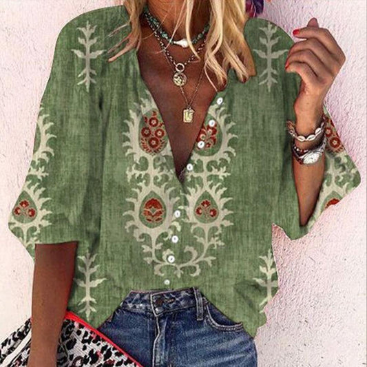 Boho Green Plunging V-Neck Blouse