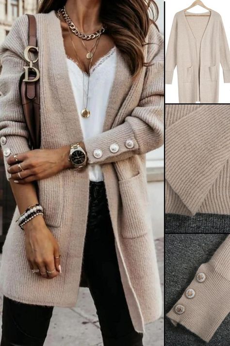 Khaki Plain Collarless Long Sleeve Cardigan