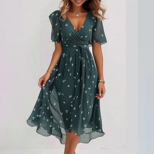 Groovy Short Sleeve Green Midi Dress