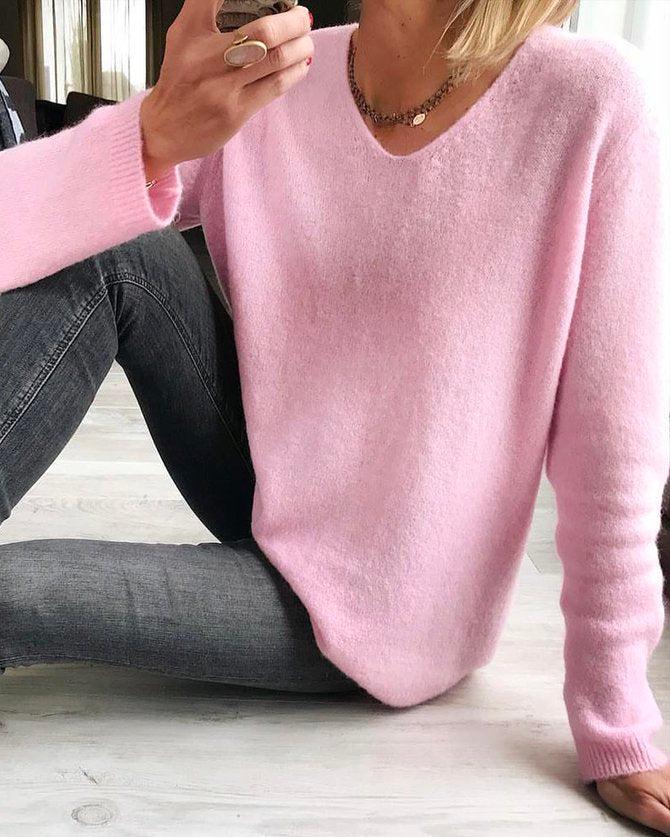 Sweet Pink Plain Long Sleeve Sweater